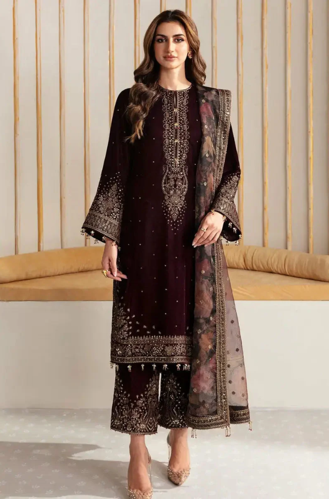 Boraque - 3PC Velvet Embroidered Suit (Unstitched) - UH184