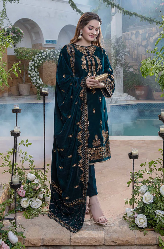 Boraque - 3PC Velvet Embroidered Suit (Unstitched) - UH181