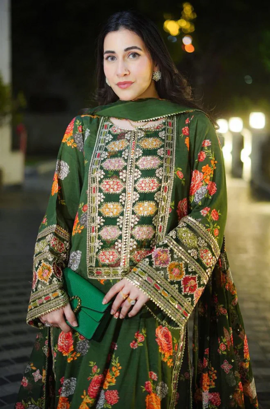 Aneelas - 3PC Silk Digital Printed Embroidered  Dress - UM211