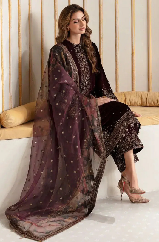 Boraque - 3PC Velvet Embroidered Suit (Unstitched) - UH184