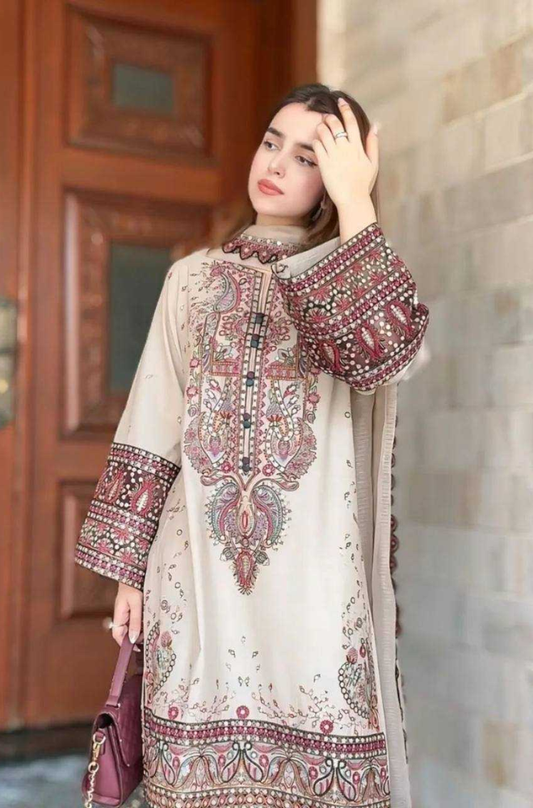 Ethnic - 3PC Unstitched Dhanak Chickenkari Embroidered Suit - UH252