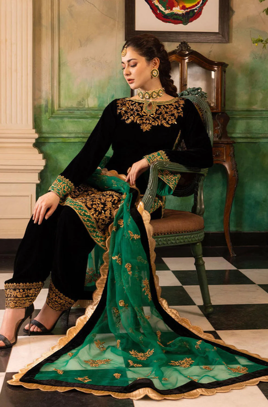 Boraque - 3PC Velvet Embroidered Suit (Unstitched) - UH235