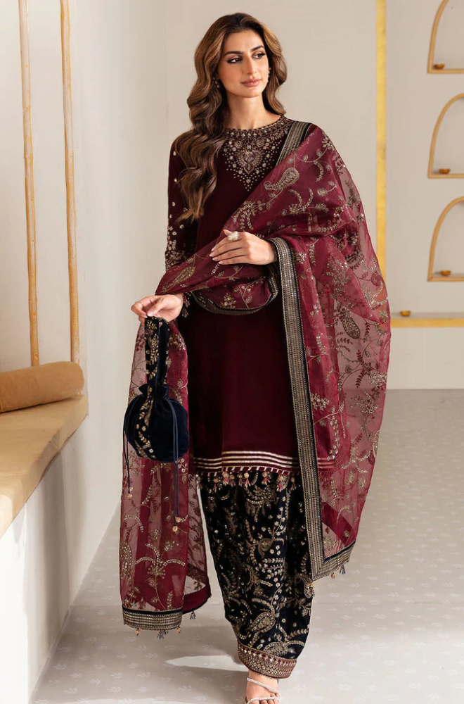 Boraque - 3PC Velvet Embroidered Suit (Unstitched) - UH234
