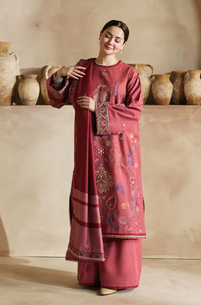 Zara Shahjahan - 3PC Dhanak Embroidered Suit (Unstitched) - UH217
