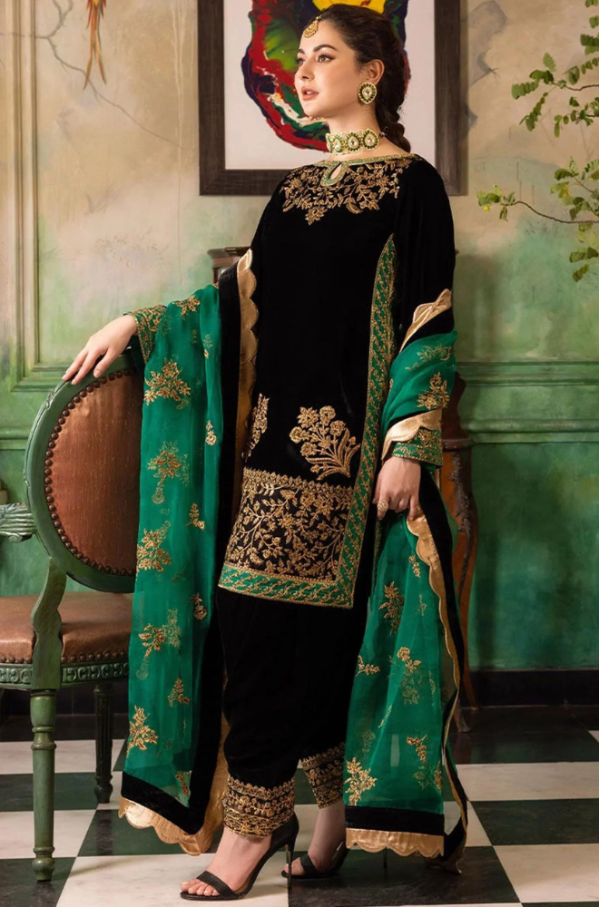 Boraque - 3PC Velvet Embroidered Suit (Unstitched) - UH235
