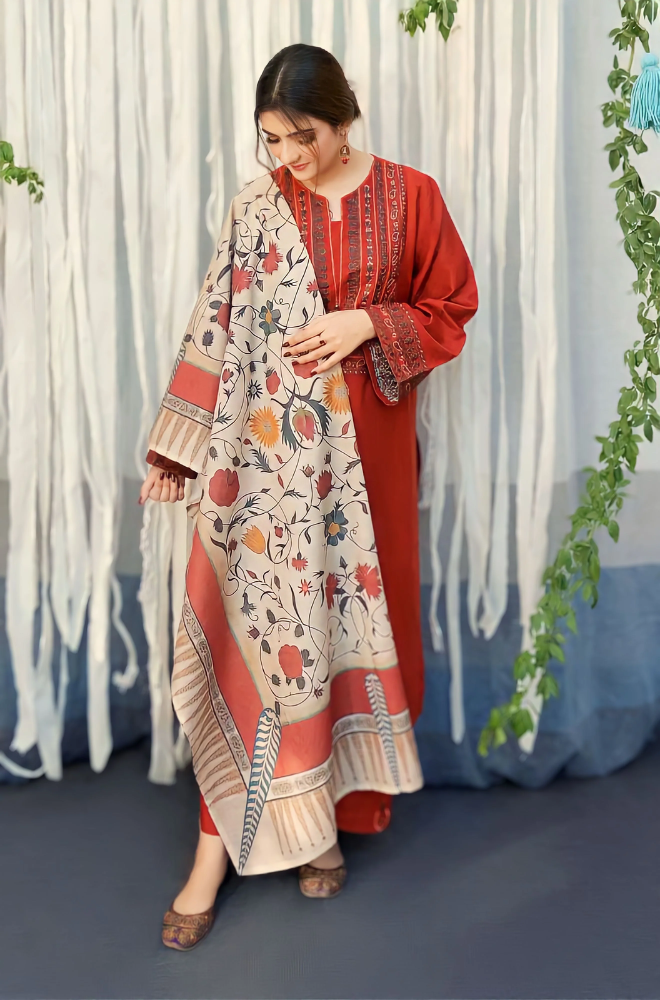 Urge - 3PC Dhanak Embroidered Suit (Unstitched) - UH187
