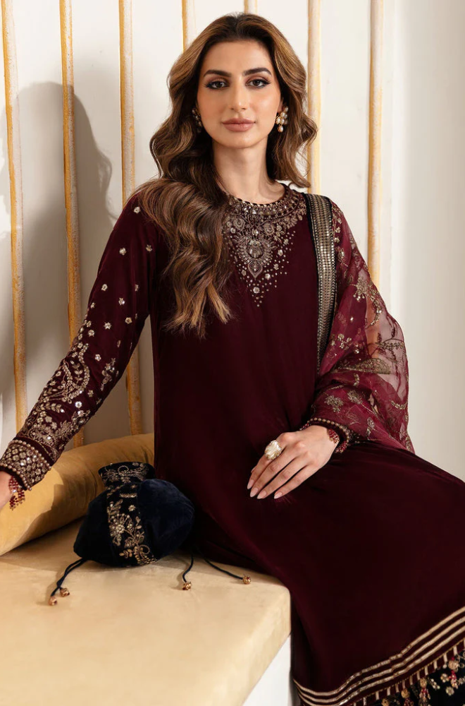 Boraque - 3PC Velvet Embroidered Suit (Unstitched) - UH234