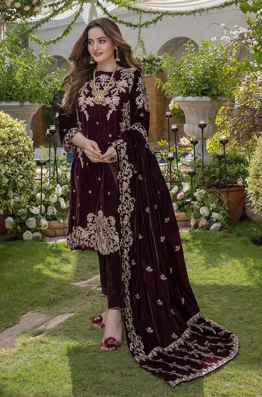 Boraque - 3PC Velvet Embroidered Suit (Unstitched) - UH182