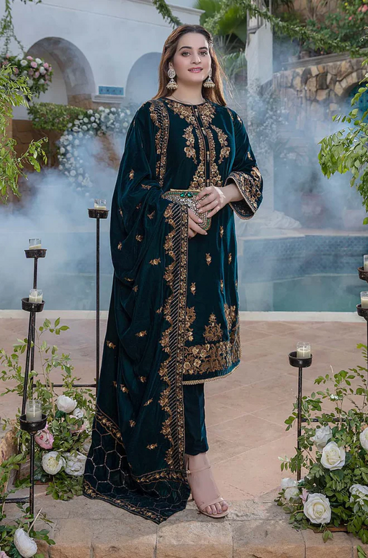 Boraque - 3PC Velvet Embroidered Suit (Unstitched) - UH181
