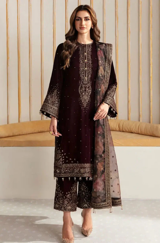 Boraque - 3PC Velvet Embroidered Suit (Unstitched) - UH184