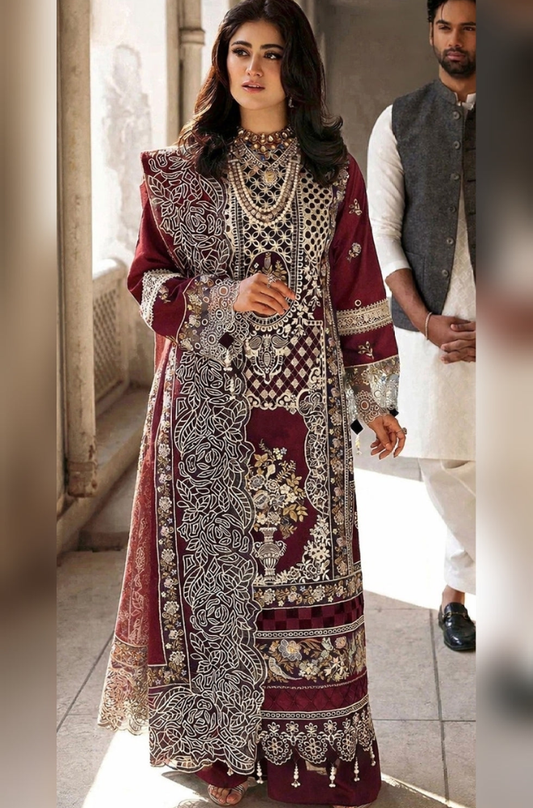 Mahnur - 3PC Unstitched Lawn Chikenkari Embroidered Suit - UA286