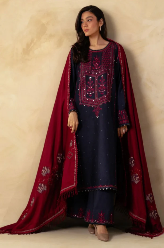 Zara Shahjahan - 3PC Unstitched Dhanak Sequence  Embroidered Suit - US223