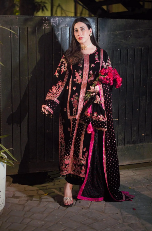 Aneelas - 3PC Velvet Embroidered Suit (Unstitched) - UH219