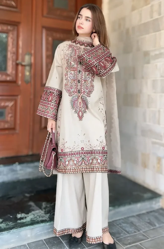 Ethnic - 3PC Unstitched Dhanak Chickenkari Embroidered Suit - UH252