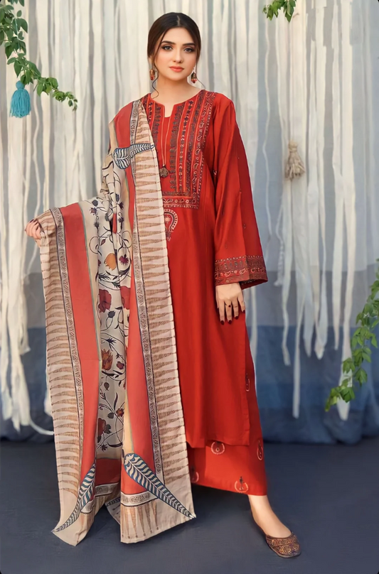 Urge - 3PC Dhanak Embroidered Suit (Unstitched) - UH187