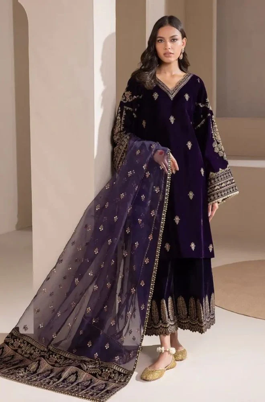 Boraque - 3PC Velvet Embroidered Suit (Unstitched) - UH233