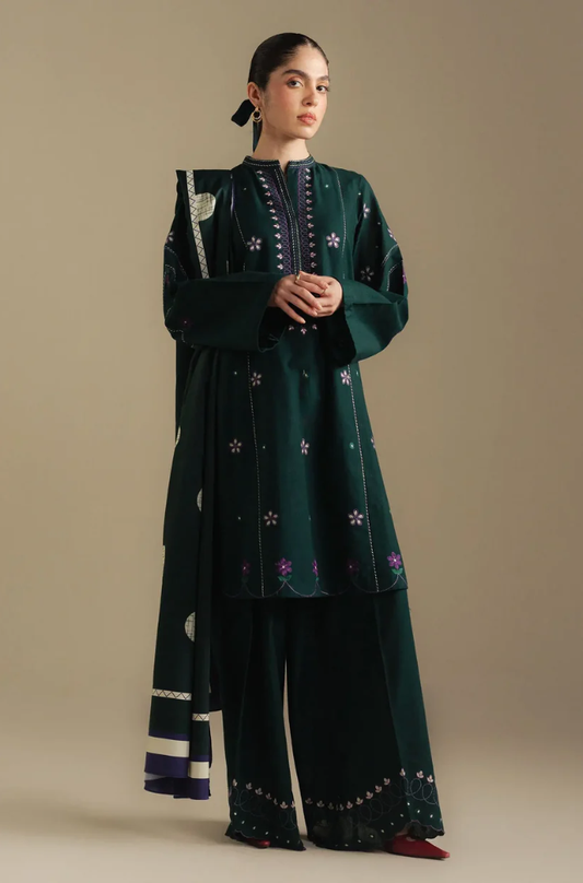 Zara Shahjahan - 3PC Unstitched Dhanak Embroidered Suit - UH273