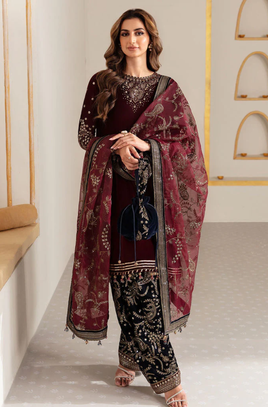 Boraque - 3PC Velvet Embroidered Suit (Unstitched) - UH234