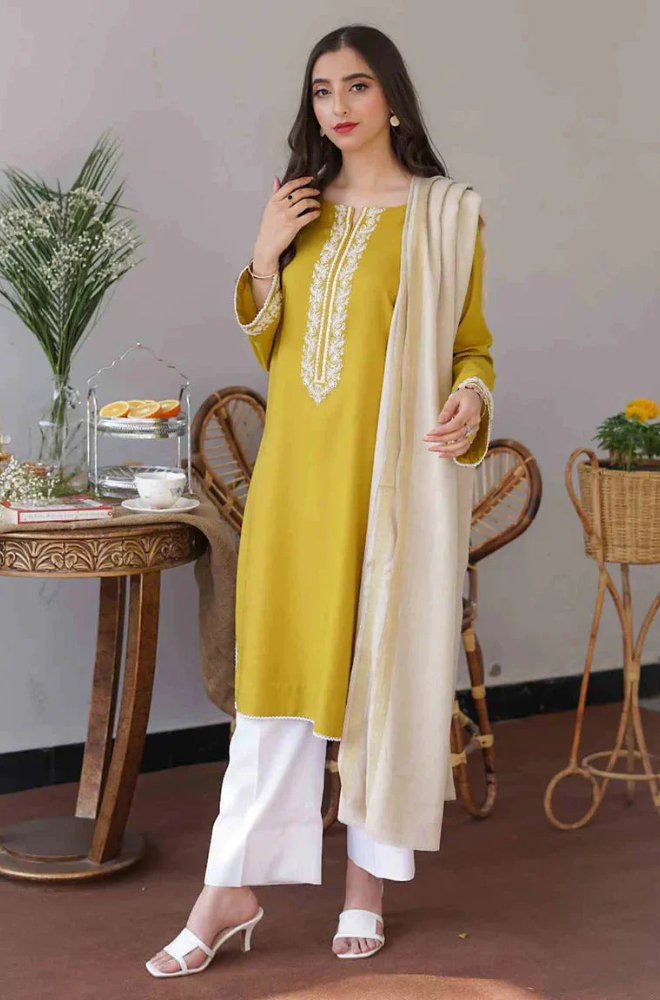 Asling - 3PC Dhanak Embroidered Suit (Unstitched) - UH0158