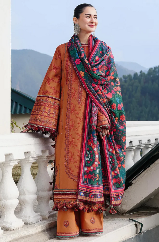 Hussain Rehar - 3PC Dhanak Embroidered Suit (Unstitched) - UH214