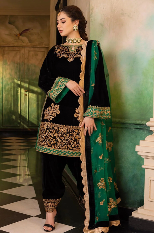 Boraque - 3PC Velvet Embroidered Suit (Unstitched) - UH235
