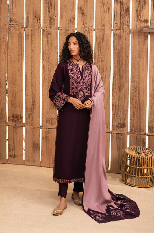 Zarqash - 3PC Dhanak Embroidered Suit (Unstitched) - UH197