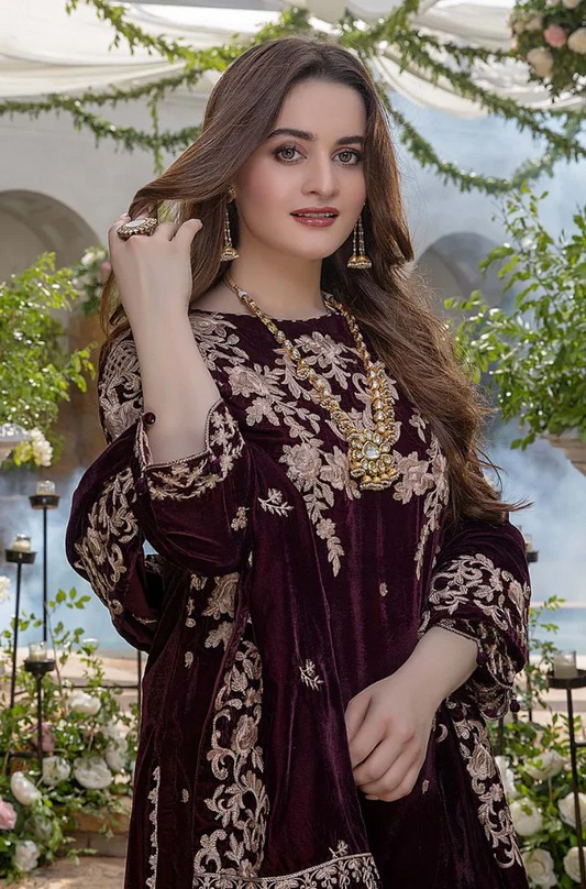 Boraque - 3PC Velvet Embroidered Suit (Unstitched) - UH182