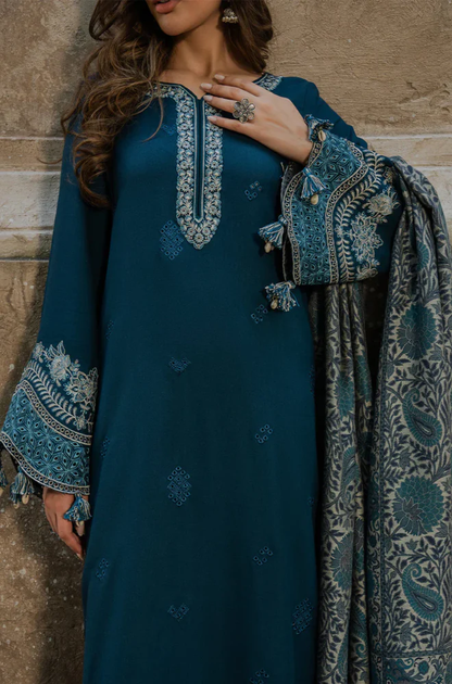 Izel - 3PC Unstitched Dhanak Embroidered Suit - UH322