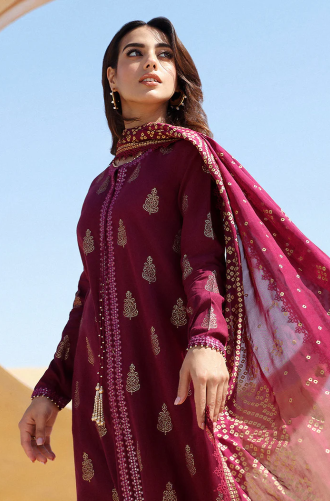 Crimson - 3PC Unstitched Dhanak Embroidered Suit - US104