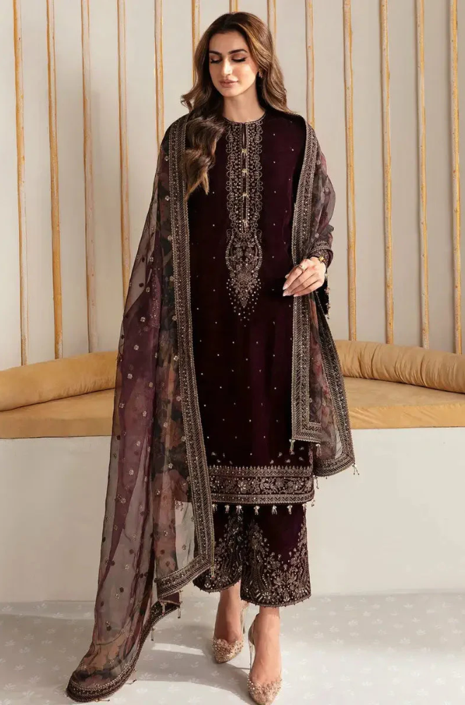 Boraque - 3PC Velvet Embroidered Suit (Unstitched) - UH184