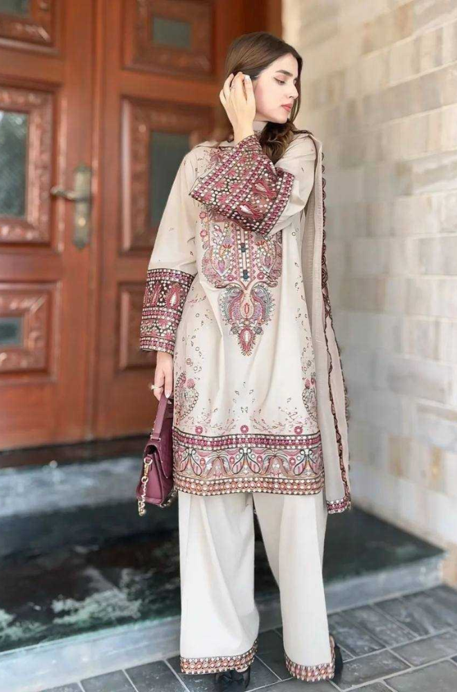 Ethnic - 3PC Unstitched Dhanak Chickenkari Embroidered Suit - UH252