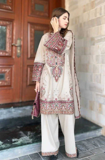 Ethnic - 3PC Unstitched Dhanak Chickenkari Embroidered Suit - UH252
