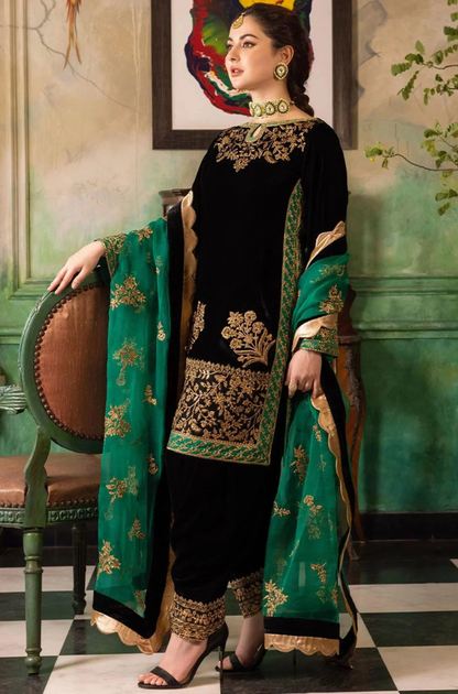 Boraque - 3PC Velvet Embroidered Suit (Unstitched) - UH235