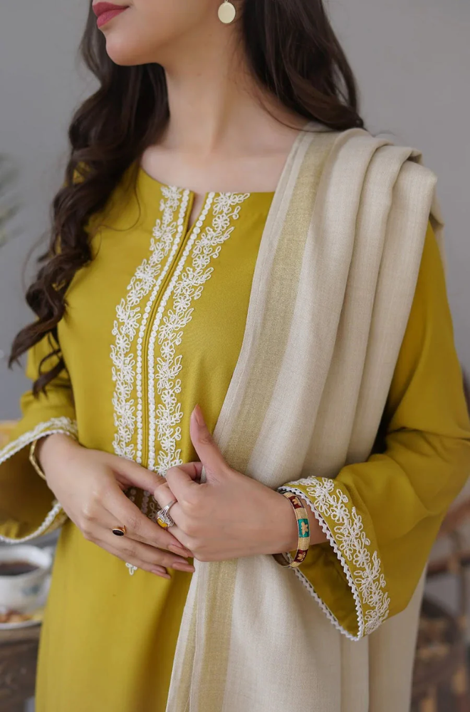 Asling - 3PC Dhanak Embroidered Suit (Unstitched) - UH0158