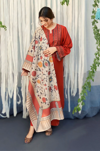 Urge - 3PC Dhanak Embroidered Suit (Unstitched) - UH187
