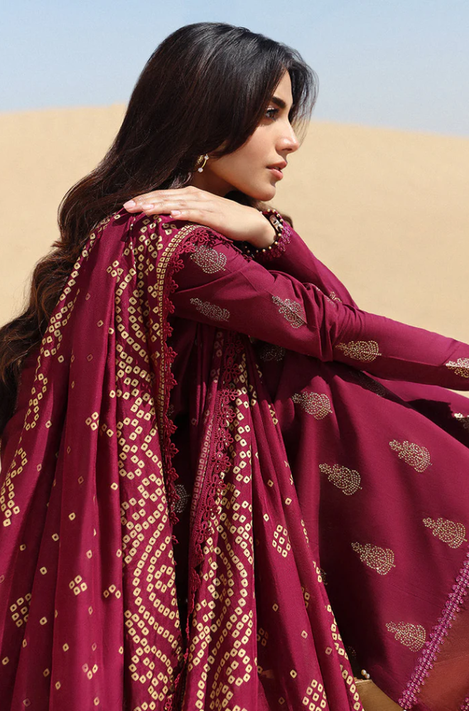 Crimson - 3PC Unstitched Dhanak Embroidered Suit - US104