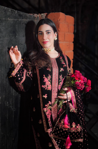 Aneelas - 3PC Velvet Embroidered Suit (Unstitched) - UH219